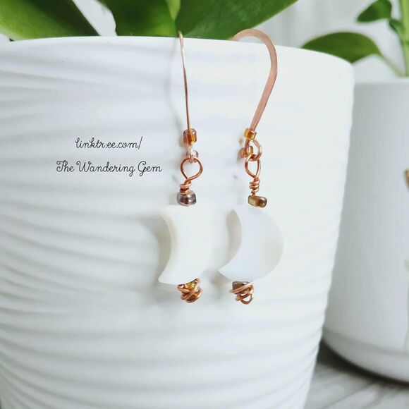 Crescent Moon Beaded Dangle Earrings, Hammered Copper Jewelry, 2" - Picture 2 of 5
